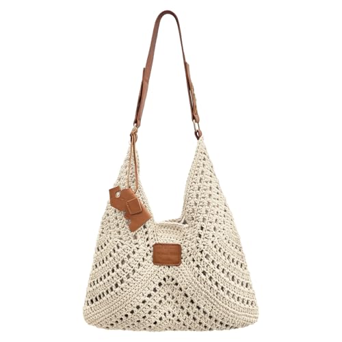 Crochet Beach Tote Bag for Women 2026 Woven Shoulder Bag Summer Handmade Boho Purse Crochet Handbags - color: Beige