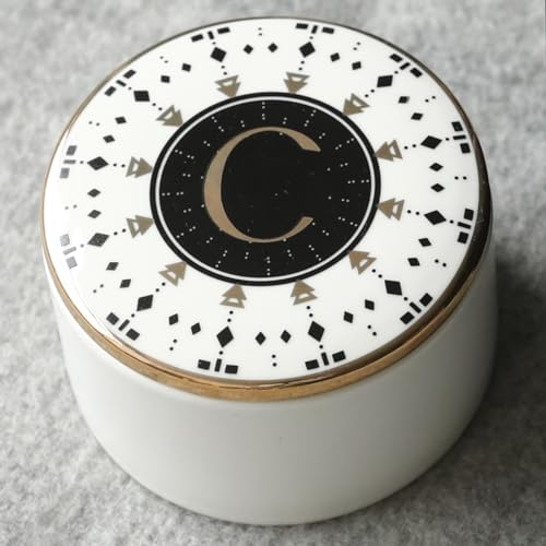 COLLECTIVE HOME - Monogram Jewelry Box, Bohemian Ceramic Trinket Box, Storage for Necklace Ring Bracelet Keys, Birthday Mother's Day Christmas Gift for Women, 3.25" x 2.5" (C) - color: C