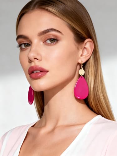 Elisheva Bohemian Lightweight Mother of Pearl Shell Drop Dangle Earrings for Women, Boho Chic Hippie Waterdrop Statement Jewelry Gift - color: fuchsia pink
