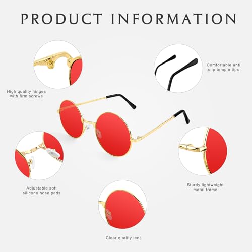 NACHLYNN Round Hippie Sunglasses Metal Border Circle Hippie Glasses UV380 Protection 70s Sunglasses for Men Women Party Favor - color: Red