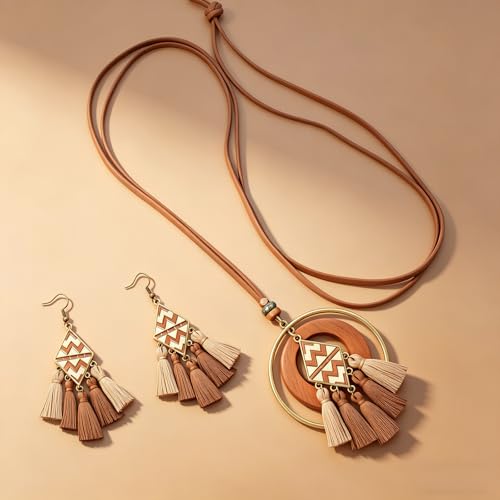 Wooden Leather Necklaces Set Bohemian Wood Stack Discs Long Chain Hemp Rope Bronze Plated Pendant Ethnic Tribal Fall Leaf Earrings Jewelry Statement Necklace - color: R-032