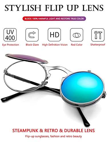 AIEYEZO Round Flip Up Sunglasses for Men and Women Rave Flip Glasses 90's Retro Steampunk Style - color: Silver/Green Mirror