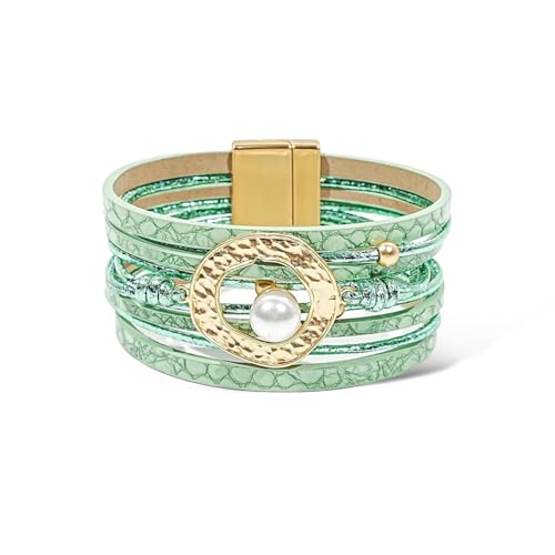 Long tiantian Boho Leather Wrap Bracelets Western Bracelets for Women Stackable Starfish Crystal Pearl Turquoise Leather Bracelet With Clasp Jewelry Gifts Boho Dresses - color: C4:green leather bracelet