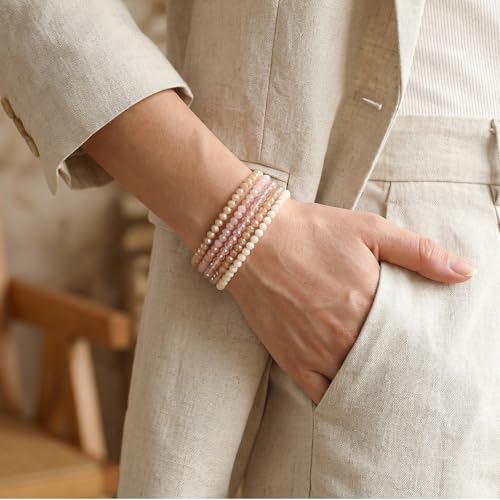 Ymapinc 4pcs Pink Bracelet for Women, Boho Stackable Bead Bracelet Set for Mothers Day, Pink Crystal Stretch Bracelets, Trendy Friendship/Mothers Day Gifts (4mm Beads)