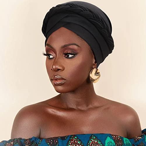DRESHOW Turban Pre-Tied Twisted Hat Thread African Head Wraps for Black Women Chemo Cancer Cap Braid Hair Cover - color: 1 Pc Twisted Braid: Black
