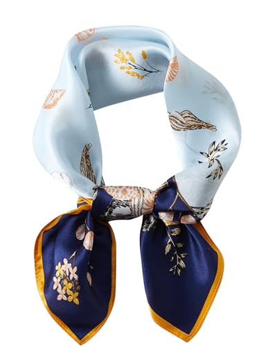 100% Mulberry Silk Neck Scarf 21''x21'' Small Square Hair Scarf for Women Men Lightweight Bandana Envelope Package - color: Shell Flower- Blue