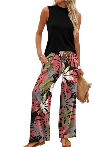 WIHOLL Two Piece Set for Women Summer Spring Outfits Cruise Travel Airport Beach Vacation Mock Neck Wide Leg Pants Set - color: Black Pink Leaf, size: Small
