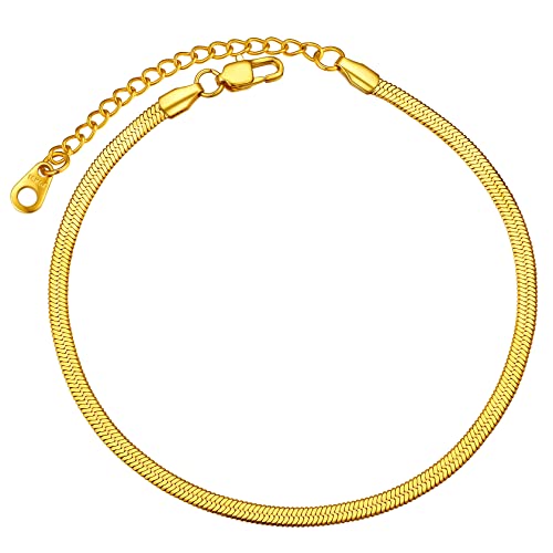 ChainsHouse Ankle Bracelets for Women, Stainless Steel Chain Anklets Waterproof, Women Summer Beach Jewelry Gift, Come with Box - color: 09. 3mm-Herringbone-Gold