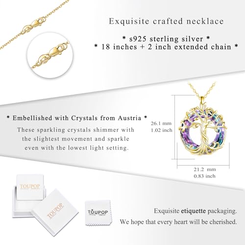 TOUPOP Tree of Life Necklace Gifts for Women 925 Sterling Silver Family Tree Pendant with Crystal Birthday Irish Jewelry Gifts for Women Her Wife Mom - color: 03-Gold-Purple Crystal