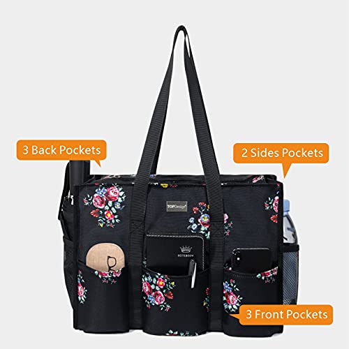 TOPDesign Utility Water Resistant Tote Bag with 13 Pockets, Top Zipper Closure & Thick Bottom Support, for Working Women - color: Blooming Flower, size: Medium