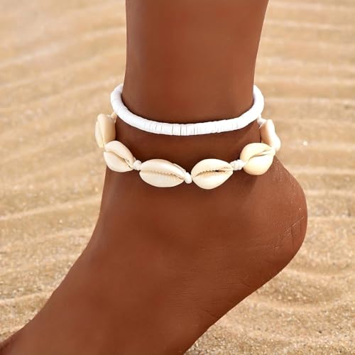 Qceasiy Shell Ankle Bracelet Set for Women, Gold Plated Boho Bead Adjustable Anklet, Hawaiian Beach Seashell Pearl Heart Starfish Conch Foot Jewelry Gifts - color: Shell&Puka