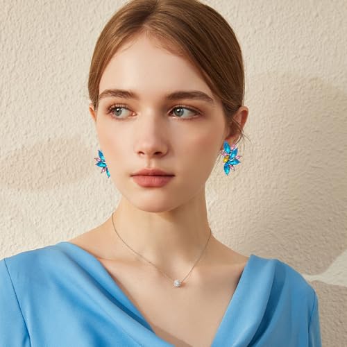 Bohemian Statement Sparkly Colourful Fancy Rhinestone Crystal Flower Dangle Drop Stud Earrings Vintage Wedding Bridal Prom Earrings for Women - color: Blue Pink