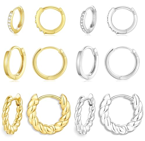 Cocadant 6 Pairs 925 Sterling Silver Small Hoop Earrings for Women,14k Real Gold Hypoallergenic Tiny Cubic Zirconia Cartilage Huggie Earring Sets for Multiple Piercing Trendy Jewelry 8/10/12mm - color: 3 Pairs Gold and Silver CZ+Smooth+Twisted Huggie Earr