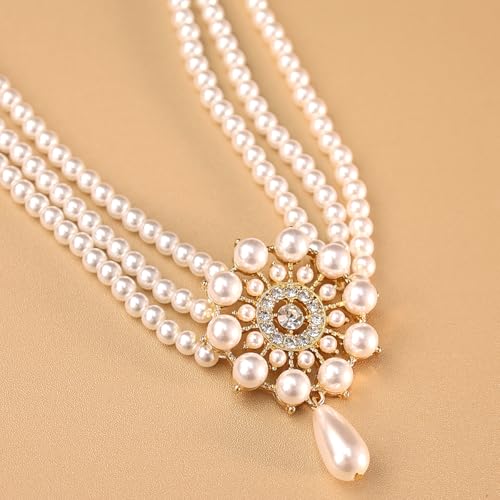 Bethynas Boho Layered Pearl Rhinestones Choker Necklace Vintage Chunky Pearl Crystal Pendant Short Necklace Chain Bridal Prom 1920s Costume Party Jewelry for Women - color: Pearl 5