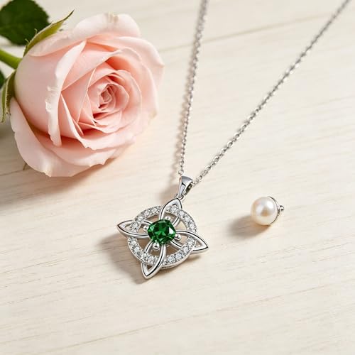Mystical Birthstone Witches Knot Necklace – Natural Crystal Celtic Pendant, Wiccan Pagan Jewelry Gift for Women - color: May
