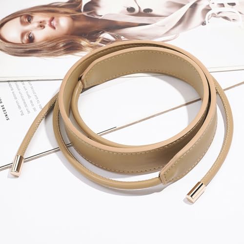 Women PU Leather Tie Waist Belts Knotted Thin Skinny Rope Waistband - color: Khaki