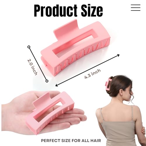 12 Pcs Pink Large Square Hair Claw Clips for Women, 4.3-Inch Matte Rectangle Claw, Strong Hold Non-slip Hair Clips for Thick & Thin Hair - color: Pink