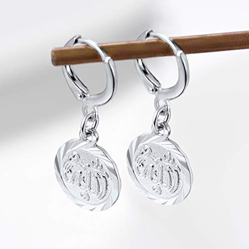 U7 Allah Necklace for Women/Men, 18K Gold Plated Square/Oval/Coin/Heart/Crescent Moon Islamic Pendant Necklace Muslim Jewelry with Chain - color: 06.Coin Earrings Platinum