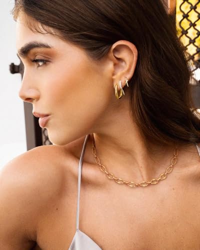 Aobei Pearl 18K Gold Plated Paperclip Chain Choker Satellite Chain Freshwater Cultured Biwa Pearl Pendant Necklace Dainty Turquoise Jewelry for Women - color: 18K Gold Plated Chunky Lip Chain