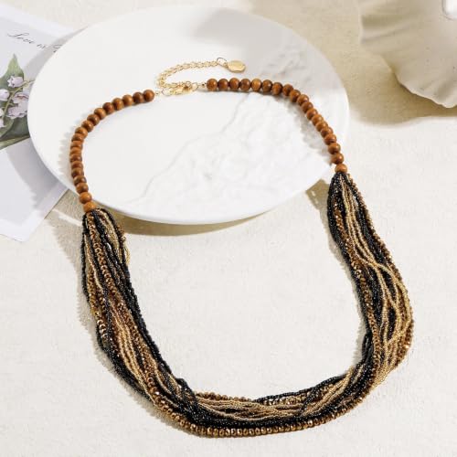 Coiris Chunky Statement Necklaces for Women Boho Multi Long Layered Strand Beaded Necklace for Women Handmade Crystal Beach Jewelry Gift - color: Black Gold