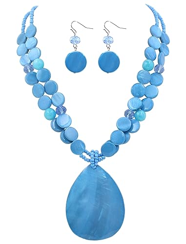 Big Teardrop Pendant Necklaces for Women Colorful Beaded Necklaces Statement Set for Holiday. - color: Light Blue
