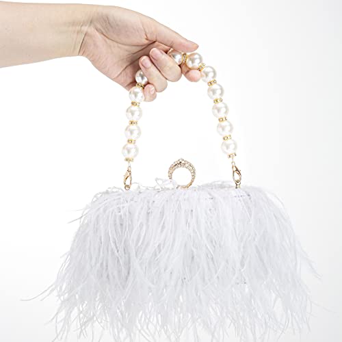 Women Real Natural Ostrich Feather Evening Bags Purses Clutch Vintage Banquet Handbag - color: White