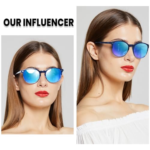 DUCO Women's Trendy Retro Round Acetate Polarized Sunglasses, UV400 99% Glare Block, Lightweight for Daily & Outdoor - color: Catalina Blue Frame Revo Blue Mirror