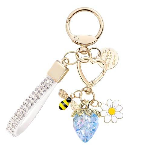 Keychain for Women Girls Bling Heart/Star/Strawberry Key Chain Accessories for Key/Backpack Bag Charm - color: Blue Strawberry