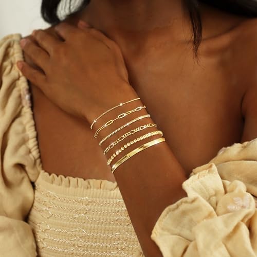 Dearmay Gold Bracelets for Women Waterproof, 14K Gold Plated Minimalist Bracelets Stack Non Tarnish Trendy Dainty Herringbone Vintage Cuban Paperclip Rope Thin Box Link Chain Stackable Jewelry Sets Modern Fashion Accessories Gifts for Womens - style: 5Pcs