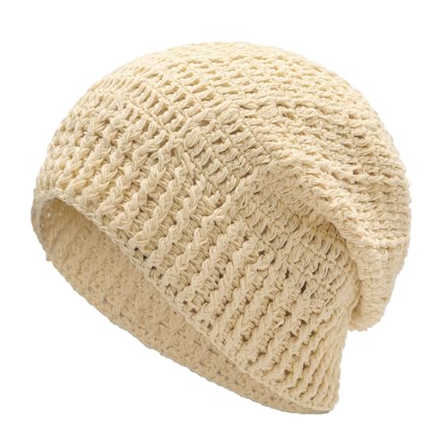 ZLYC Women Cotton Crochet Slouchy Beanie Hat Handmade Knit Summer Skull Cap - color: Beige