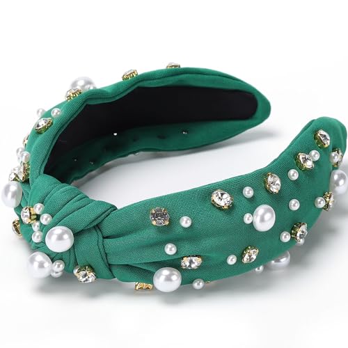WantGor Pearl Knotted Headband, Women Rhinestone Embellished Hairband Elegant Wide Top Knot Bride Headbands Headpieces Party Fashion Elegant Ladies Hair Band Hair Hoop Accessories (Green) - color: Green