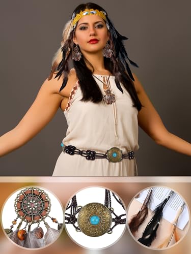 Fourluoo Boho Feather Hair Accessories Set for Women Include 6pcs Feather Hair Clips Necklace & Earrings & Braid Waist Belt Vintage Headband Accessories, Festival Wedding Party Jewelry Kit