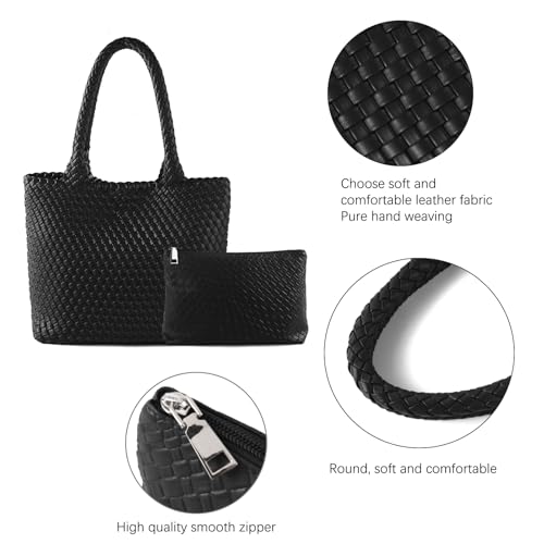 Hand Woven Bag Tote BagS For Women Top Handle Shoulder Vegan Leather Large Travel Beach Hobo Handbag - color: Black
