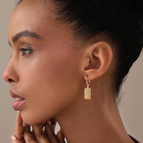 LeCalla 925 Sterling Silver Filigree Dangle Earrings for Women | Gold, Rose Gold & Rhodium Plated Diamond-Cut Filigree Drop Earrings | Lightweight Earrings Jewelry Gift - color: Yellow-Gold Rectangle Filigree