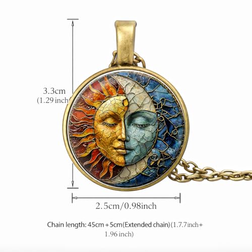 1pc Stunning Round Pendant Necklace - Unique Sun & Moon Pattern, Oil Painting Style Glass Mosaic, Alloy Construction, Trendy Sweater Chain, Fashionable Gift for Women - Christmas or Birthday Gift - color: Bronze Chain