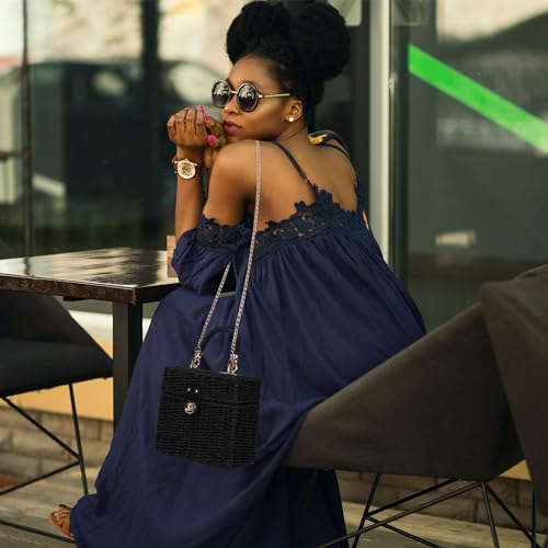 Handwoven Rattan Bag for Women Wicker Crossbody Shoulder Bag Straw Beach Tote Bag Top Handle Satchel Handbag with Chain Strap - color: Black
