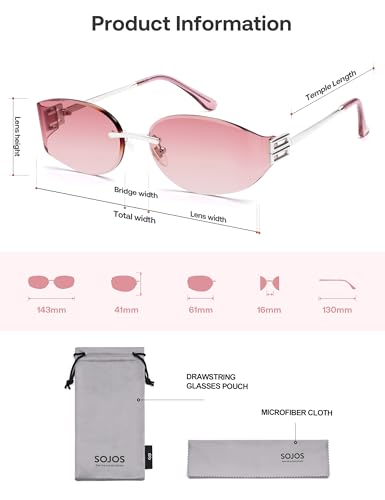 SOJOS Trendy Oval Sunglasses for Women,Fashion Rimless Metal Sun Glasses Y2K Style UV400 Protected SJ1271 - color: Burgundy
