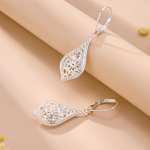 Dangle Earrings for Women, 14K Gold Plated Filigree Dangling Leverback Earrings, Silver Geometric Hypoallergenic Lightweight Dangly Drop Earings for Women Trendy Jewelry Gifts - color: C-Silver
