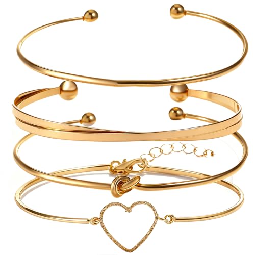Alegend Titanium Steel (Not Rust, Resist Corruption, Easily Clean) 18K Gold Plated Single Bracelets + 14K Gold Plated Stackable Multilayer Bracelets - style: 14KGold + 4PCS D