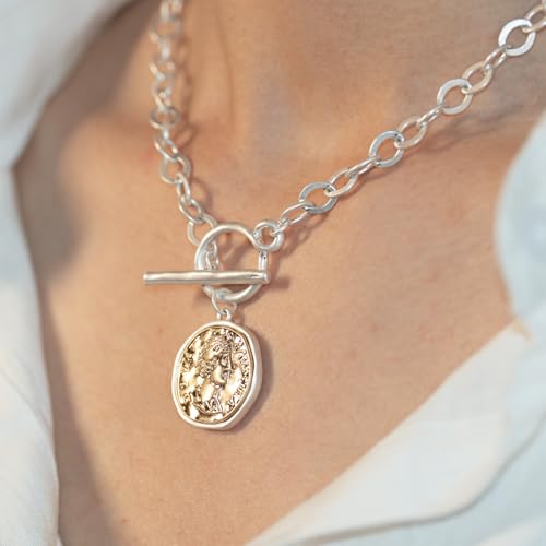 Chunky Gold Coin Pendant Necklace Trendy Layered Statement Chain for Women, Antique Toggle Design with Thick Link, Fashionable Necklaces for Women - color: Sliver/Worn Gold