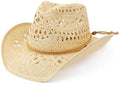 Straw Cowboy Hat for Women and Men with Shapeable Wide Brim Sun Beach Western Cowgirl Hat - color: Beige