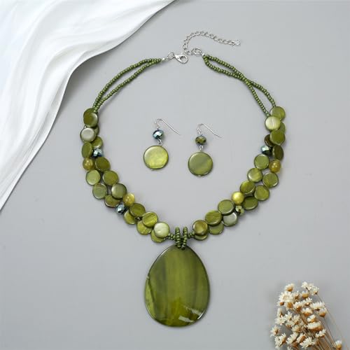 Big Teardrop Pendant Necklaces for Women Colorful Beaded Necklaces Statement Set for Holiday. - color: Olive Green
