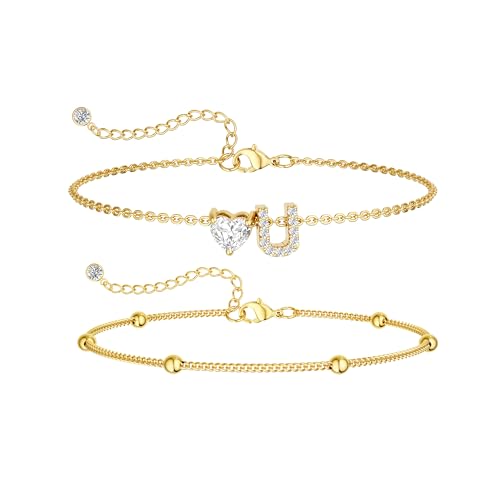 CAROVO Gold Ankle Bracelets for Women Waterproof 14K Real Gold Plated CZ Initial Anklet for Women Dainty Layered Letter A-Z Heart Ankle Bracelets Handmade Adjustable Anklet Summer Beach Jewelry - style: U