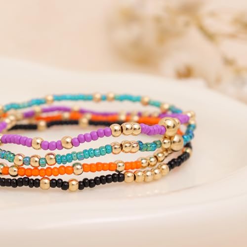Gold Beaded Stackable Friendship Bracelets Set for Women, Handmade Boho Stretch Summer Jewelry Gift. - color: gold orange purple black blue