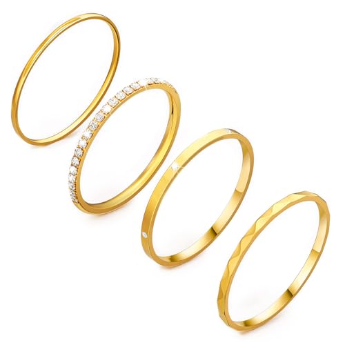 4-Pack 14K Gold Plated Stackable Rings for Women,Cubic Zirconia Simulated Diamond Oura Stack Rings for Oura Ring Gen 4/Oura Ring Gen 3,Dainty Trendy Statement Stacking Rings Set Size 5-10 - color: Gold, size: 6