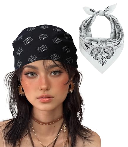 21"x21" Soft Cotton Bandana for Men and Women Unisex Head Wrap Scarf Headband Face Mask for Outdoor - color: Qm2-blk&wht Paisley