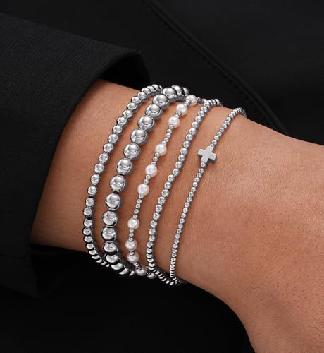 Gold Beaded Bracelets for Women, 14K Real Gold Plated Jewelry for Women Dainty Pearl Bead Bracelets Stack, Non Tarnish Trendy Stackable Ball Cross Stretch Bracelet Set Fashion Accessories Gifts - color: Silver cross bead