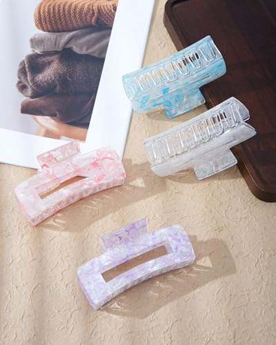 4Pcs Large Acrylic Hair Claw Clips, Nonslip Cute Hair Clips for Thick Hair and Long Hair, Rectangle Marble Claw Clips Hair Accessories for Women and Girls - color: White + Purple + Red + Blue