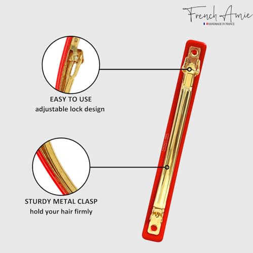 French Amie Long and Skinny Bar Large 4 1/4" Cellulose Acetate Handmade Automatic Hair Clip Barrette with No Slip Sturdy Silver Clasp for Women and Girls, Made in France (Red) - color: Red