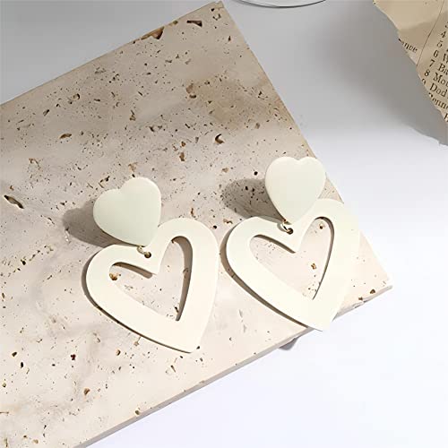 Double Heart Earrings Dangling Heart Drop Earrings For Women Love Heart Dangle Earrings Birthday Gift - color: Off White